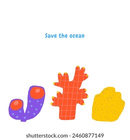 Cute underwater banner, flyer, card with funny hand drawn doodle coral, sponge, sea weed, sea plant. Sea, ocean bottom reef cover, template, banner, poster, print. Cartoon style background for kids