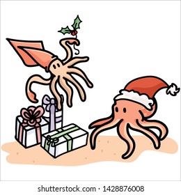 Cute underwater christmas squid and octopus cartoon vector illustration motif set. Hand drawn isolated santa hat xmas elements clipart for holly blog, present graphic. 