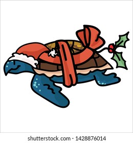 Cute underwater christmas turtle cartoon vector illustration motif set. Hand drawn isolated wrapped gift and holly elements clipart for xmas beach blog, nautical gifts graphic. 