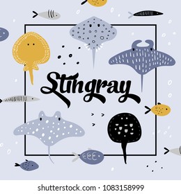 Cute Underwater Creatures Design. Creative Childish Background with Fish and Stingray for Cover, Decoration, Prints. Vector illustration