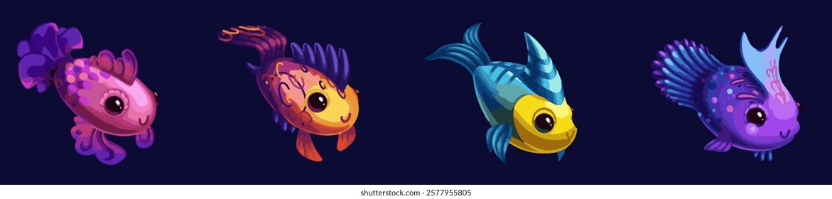 cute underwater creatures, marine fishes with big eyes vector cartoon set of aquarium characters for casual mobile game in blue, pink, yellow, purple colors with gradient