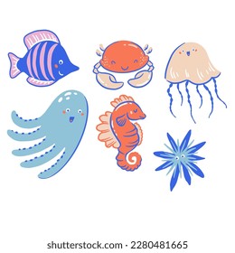Cute underwater creatures, a set of hand drawn vector art