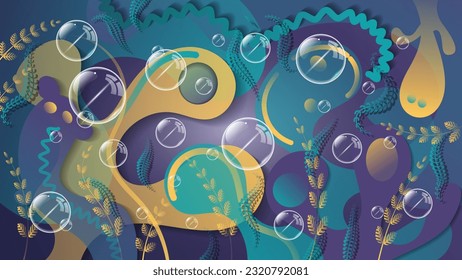 Cute underwater doodle wallpaper. Transparent bubbles on a background of overlapping abstract shapes and floral elements. Vector.

