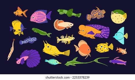 Cute underwater fishes set. Ocean and sea water animals of different color, multicolored pattern. Tropical marine small creatures, species. Exotic aquatic fauna. Isolated flat vector illustrations