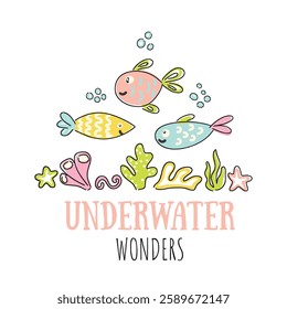 Cute underwater illustration with fish seaweed and marine elements, kids print for design vector illustration