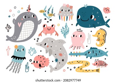 Cute Underwater Life. Funny Inhabitants Seaworld, Ocean Fauna Characters, Kids Cartoon Undersea Animals And Fishes, Childish Marine Nature. Dolphin, Jellyfish And Crab