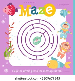 Cute Underwater Maze game for children. Help Divers get to Message Bottle. Vector illustration. Labyrinth for kids activity book. Book square format.