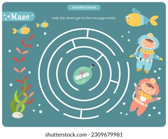 Cute Underwater Maze game for children. Help Divers get to Message Bottle. Vector illustration. Labyrinth for kids activity book.