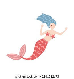 Cute underwater mermaid, sea robbers cartoon illustration. Ship with anchor, crab, octopus, childish captain character on white background