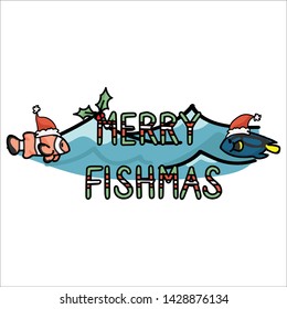 Cute underwater merry fishmas card cartoon vector illustration motif set. Hand drawn isolated santa hat xmas elements clipart for holly blog, nautical graphic. 