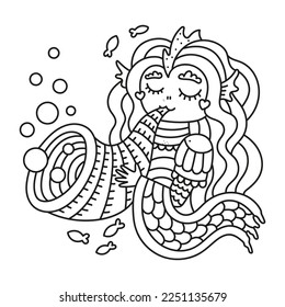 Cute underwater musician. Little mermaid making music. Funny happy fish girl. Coloring page for kids. Fantasy ocean coloring book. Cartoon vector illustration. Outlined drawing. Black lines