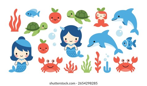 Bonitas criaturas subaquáticas do oceano e sereias brincando em um ambiente vibrante de recifes de corais
