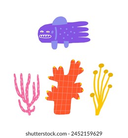 Cute underwater postcard with funny hand drawn doodle fish, coral, sea weed, sea plant. Sea, ocean bottom reef cover, template, banner, poster, print. Cartoon style background for kids