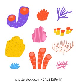 Cute underwater postcard with funny hand drawn doodle coral, sponge, sea weed, sea plant. Sea, ocean bottom reef cover, template, banner, poster, print. Cartoon style background for kids