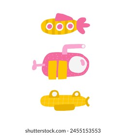 Bonita postal submarina con divertida mano dibujada doodle submarino, batiscafo, sub. Mar, fondo oceánico, cubierta de arrecife, Plantilla, Anuncio, póster, impresión. Fondo de estilo de dibujos animados para niños