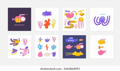 Cute underwater postcard, pre made composition with funny hand drawn doodle fish, coral, sea weed, sea plant, submarine, diver, jellyfish. Sea, ocean bottom reef cover, template, banner, poster, print