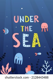 Cute underwater scene with text. Baby sea life poster. Seabed life banner with lettering.