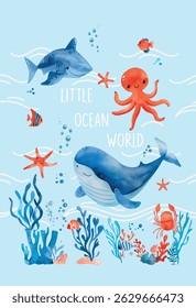Cute Underwater Scene with Whales, Sharks, and Fish for Kids