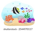 Cute underwater scene with underwater world and sea cartoon fishes, corals. Kawaii baby animal for kids, bright illustration