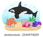 Cute underwater scene with underwater world and sea cartoon animal killer whale, corals. Kawaii baby animal for kids, bright illustration