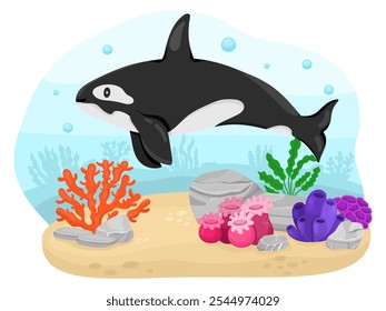 Linda escena submarina con mundo submarino y dibujos animados de mar de ballena asesina de animales, corales. Animal del bebé de Kawaii para los niños, ilustración brillante