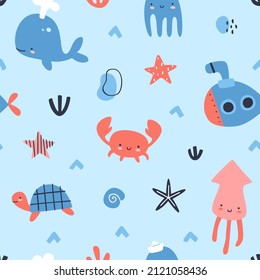 Cute underwater sea pattern with marine life. Doodle seamless vector print for fabric, textile, nursery.