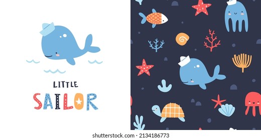 Cute underwater sea pattern with single print. Happy aquatic animals seamless vector collection for kids apparel.