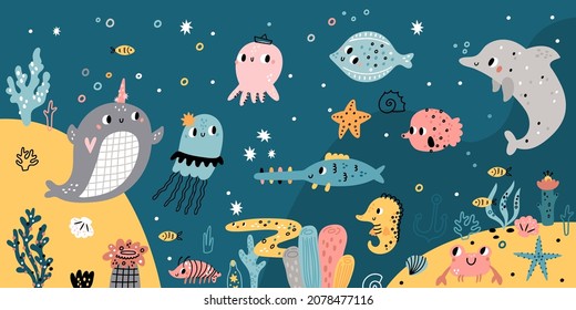 Cute Underwater Seabed. Funny Ocean Animals, Fishes And Seaweed, Cartoon Characters In Natural Habitat, Swimming Dolphin, Jellyfish And Crab, Marine Creations, Vector