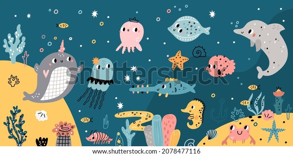 Cute underwater seabed.
Funny ocean animals, fishes and seaweed, cartoon characters in
natural habitat, swimming dolphin, jellyfish and crab, marine
creations, vector