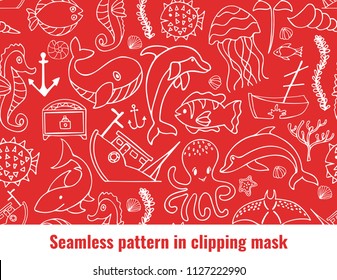 Cute underwater seamless pattern. Background with marine creatures: whale, fish, shark, octopus, dolphin. Fits for baby, childish textil. Sea and ocean inhabitants. Put in clipping mask.