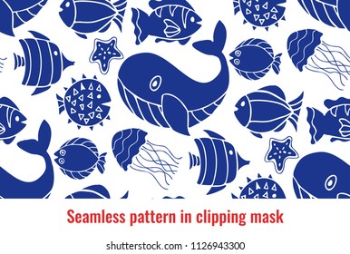 Cute underwater seamless pattern in blue color. Background with marine life. Whale and fishes around. Ocean animals. Aqatic creatures in clipping mask. Repeating sea tile.