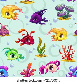 Cute underwater seamless pattern with cartoon fishes and sea weeds, vector texture