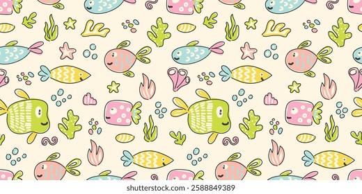 Cute underwater seamless pattern with fish and sea plants vector illustration