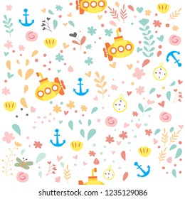 cute underwater seamless pattern on white background