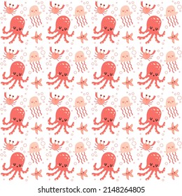 Cute underwater seamless pattern. Sea animals background. Ocean creatures.
