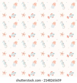 Cute underwater seamless pattern. Sea animals background. Ocean creatures.