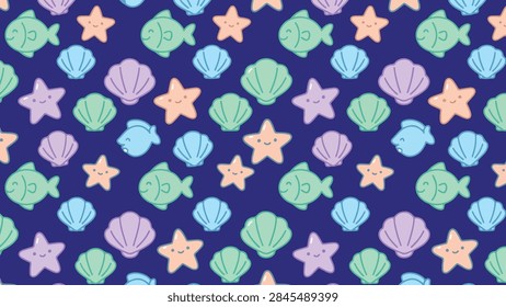 Cute underwater seamless pattern with smiling fish starfish and seashells on dark blue background