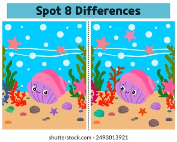 Cute underwater seashell spot the differences game for preschoolers and kindergarten kids