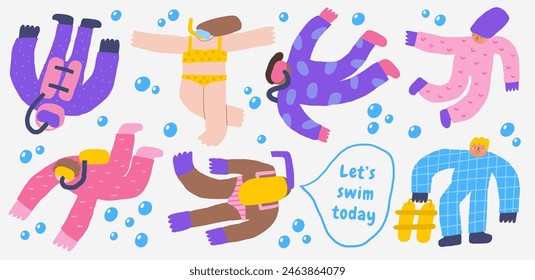 Lindo conjunto submarino con divertida mano dibujado buzo doodle, nadador, burbujas, hombre, mujer, niña. Mar, fondo oceánico, aventura, explorador, hobby. Fondo de estilo de dibujos animados 