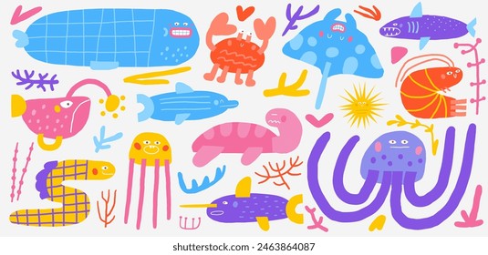 Cute underwater set with funny hand drawn doodle fish, whale, coral, sea weed, sea plant, shark, eel, turtle, stingray, swordfish, jellyfish, dolphin, fish angler. Sea, ocean bottom reef clipart. 