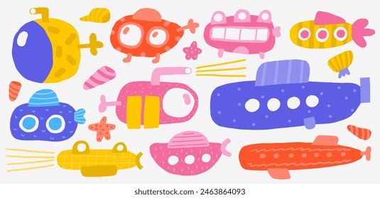 Cute underwater set with funny hand drawn doodle submarine, bathyscaphe, sub collection. Sea, ocean bottom reef transport clipart. Cartoon style background