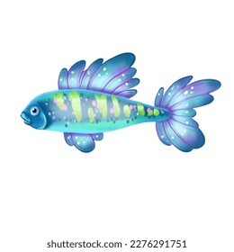 Cute underwater single  fish colorful design. Vector cartoon aquarium character, funny marine creature isolated on white background for print, children development. Handdrawn element for game design.