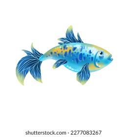 Cute underwater single  fish colorful design. Vector cartoon aquarium character, funny marine creature isolated on white background for print, children development. Handdrawn element for game design.