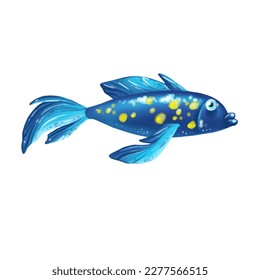 Cute underwater single  fish colorful design. Vector cartoon aquarium character, funny marine creature isolated on white background for print, children development. Handdrawn element for game design.