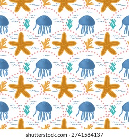 Cute underwater themed seamless pattern with blue jellyfish elements, orange brown starfish, coral, and scallop shaped dotted lines.