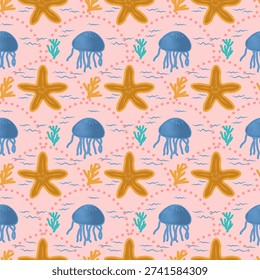 Cute underwater themed seamless pattern with blue jellyfish elements, orange brown starfish, coral, and scallop shaped dotted lines.