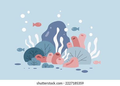 Cute underwater view with coral. Simple nature illustration in flat design style