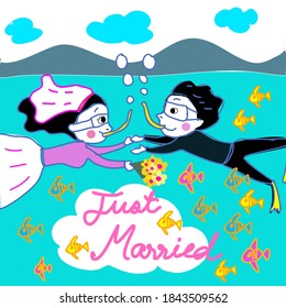 cute underwater wedding hand drawn cartoon vector with bride and groom couple diving under the sea and she hold flowers and also got fishes around them.