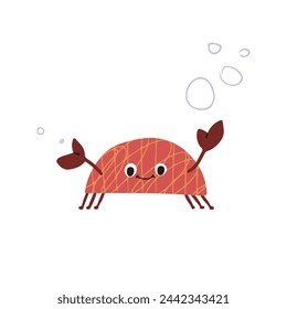 Cute underwater world with sea crab and bubbles in doodle cartoon style. Funny deep ocean character. Colored flat vector illustration isolated on white background