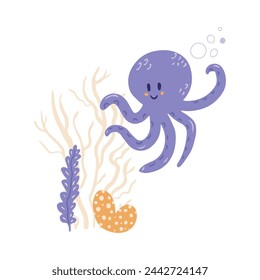Cute underwater world with sea octopus and seaweed in cartoon style. Deep ocean funny creature. Colored flat vector illustration isolated on white background